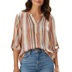 Palm Rio Tunic Blouse Womens Size PL Multicolor Striped Split Neck 3/4